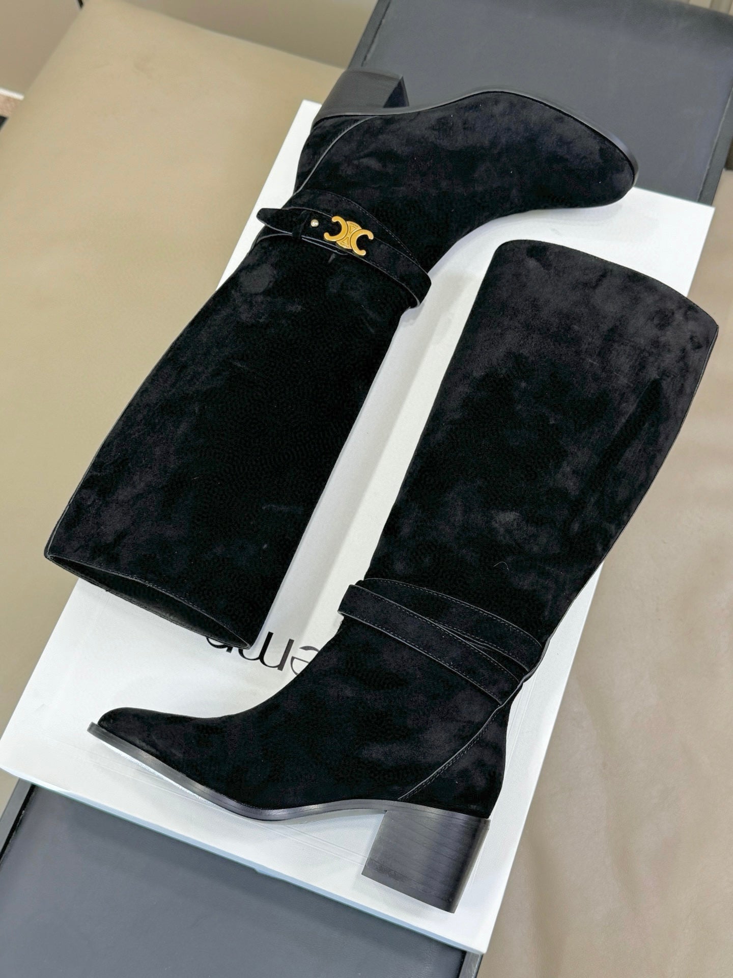 CELINE 26S HIGH-TOP BOOTS IN BLACK SUEDE WITH GOLD HARDWARE