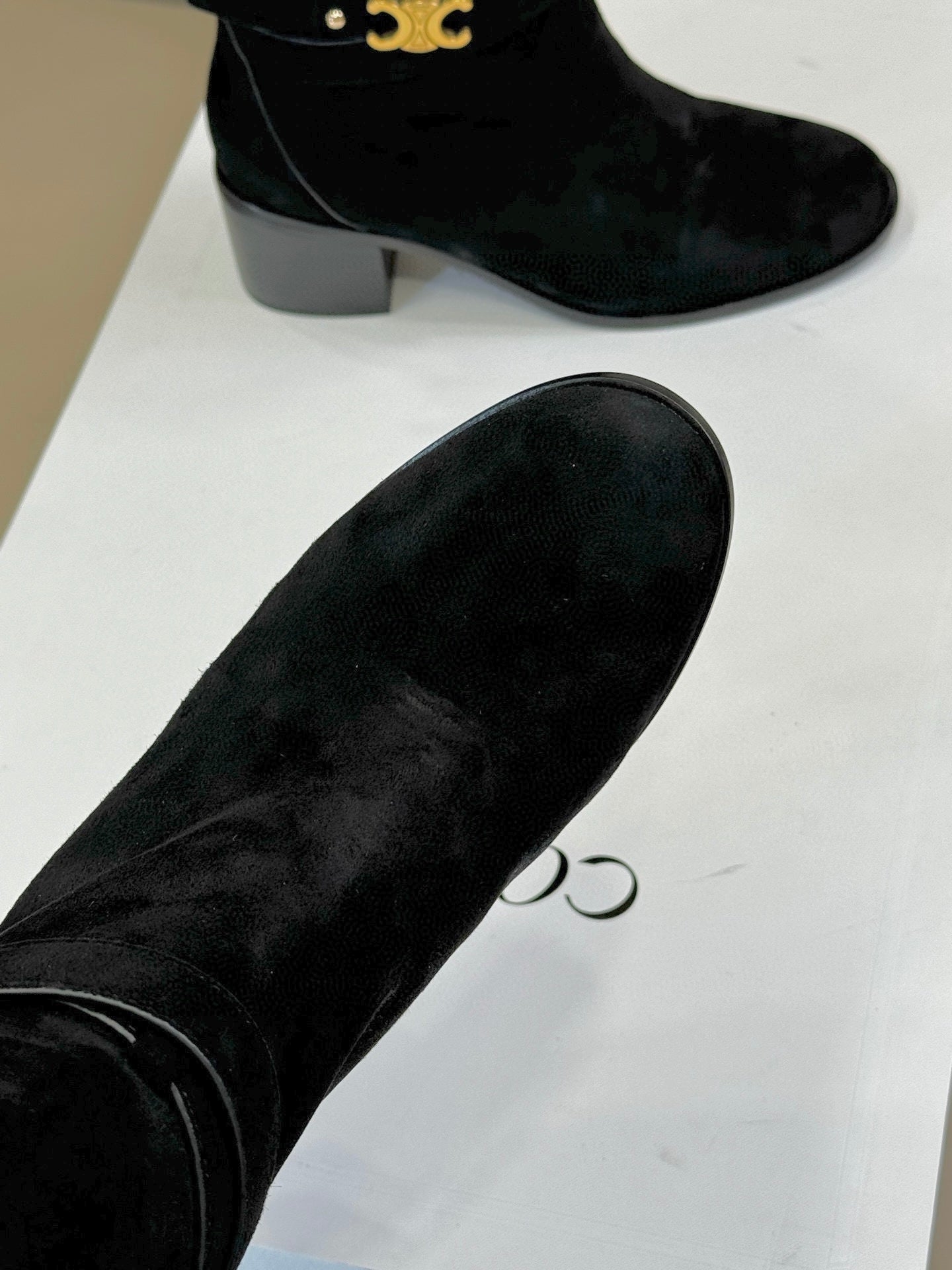 CELINE 26S HIGH-TOP BOOTS IN BLACK SUEDE WITH GOLD HARDWARE