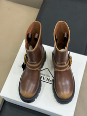 PRADA 25S PLATFORM ANKLE BOOTS IN DARK BROWN CALFSKIN WITH GOLD HARDWARE