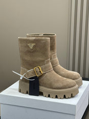 PRADA 25S PLATFORM ANKLE BOOTS IN DARK BEIGE SUEDE WITH GOLD HARDWARE