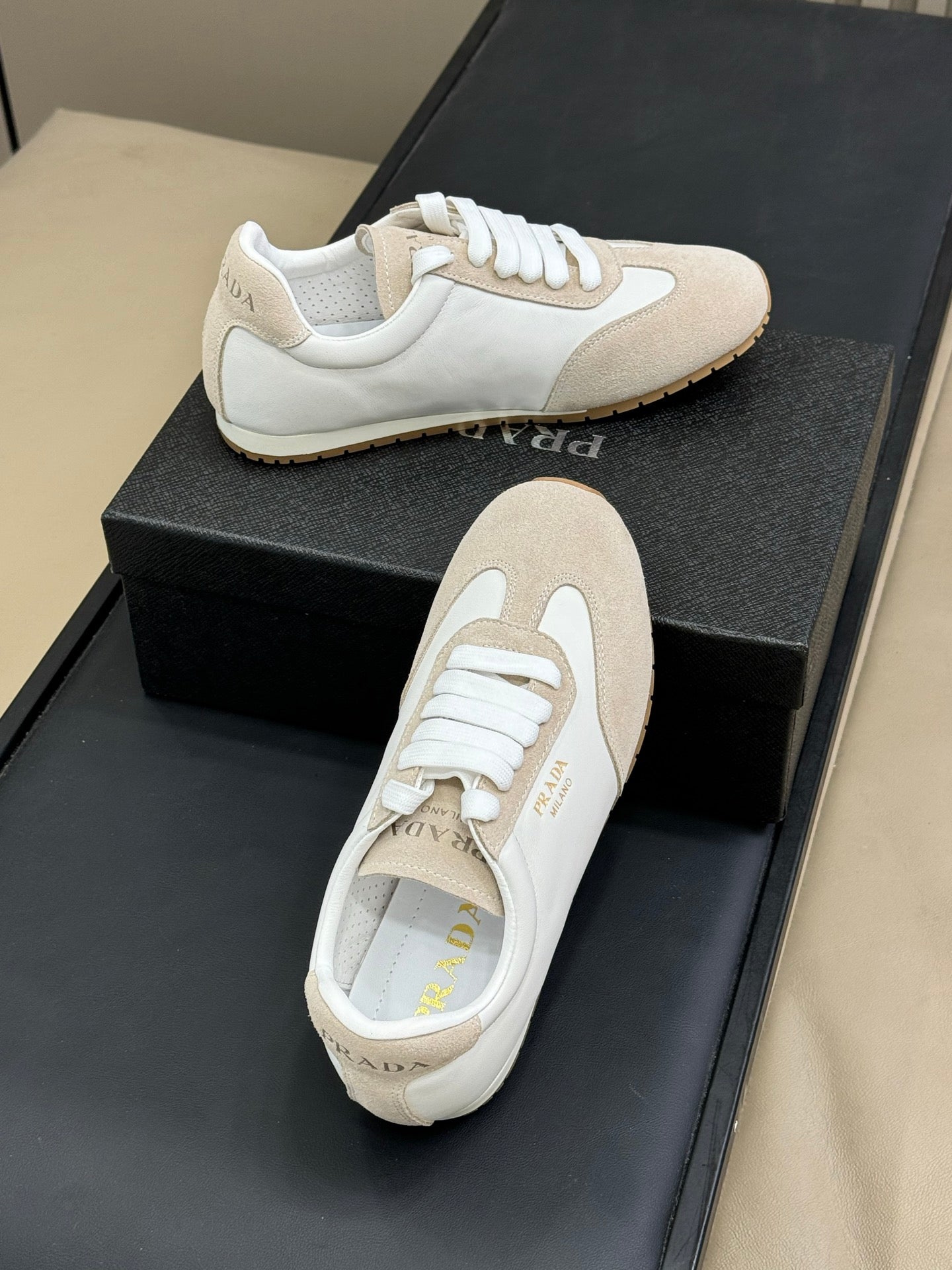 PRADA 25S SNEAKER IN WHITE MIX BEIGE SUEDE STYLE 5