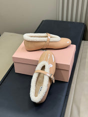 ALAIA 25S MARY JANE SHEARLING FLATS IN DARK NUDE GLOSSY CALFSKIN