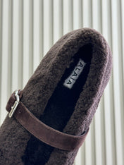 ALAIA 25S COZY MARY JANE SHEARLING FLATS IN DARK BROWN