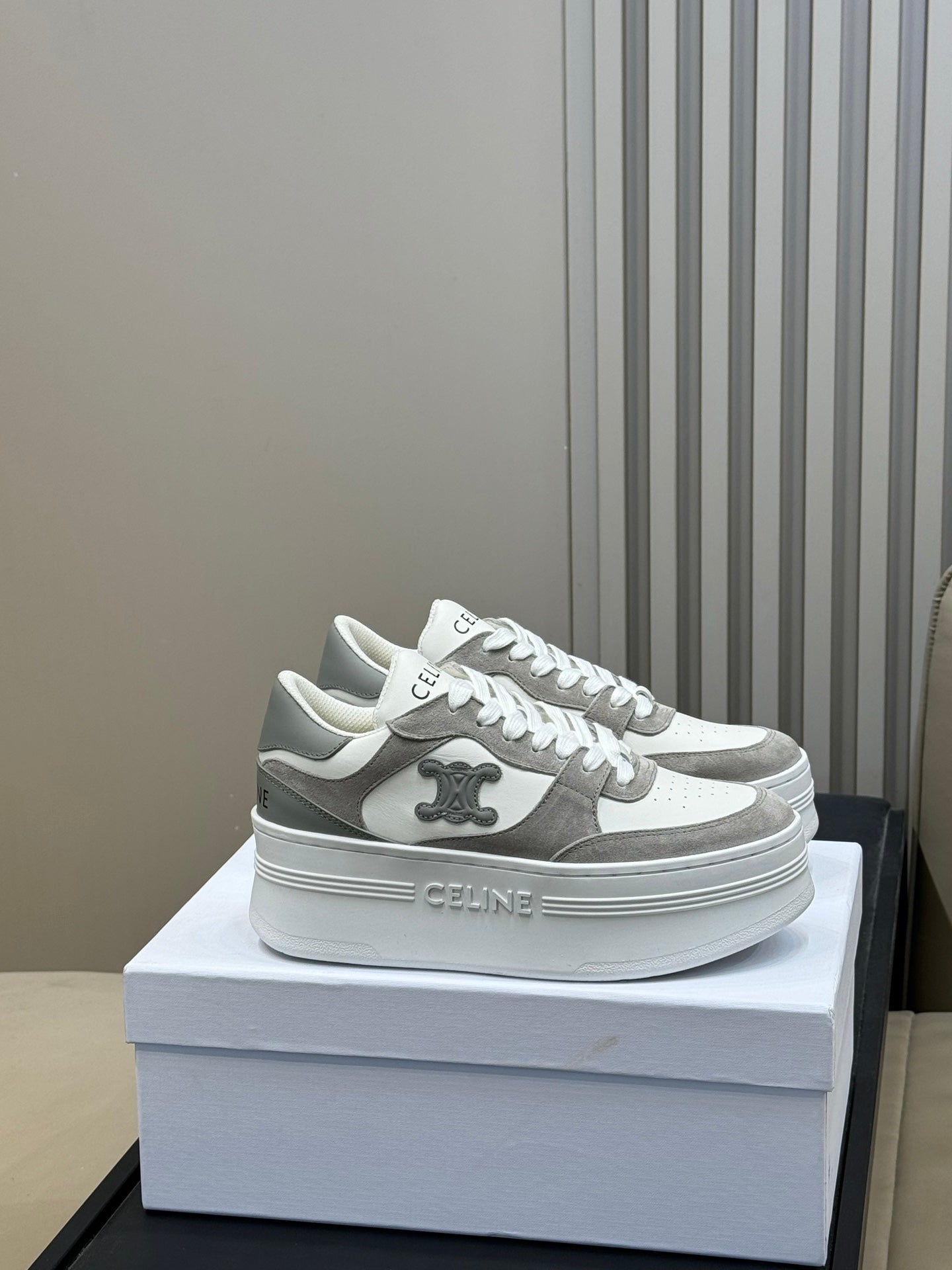 CELINE 26S WEDGE SNEAKERS IN WHITE CALFSKIN AND GREY SUEDE