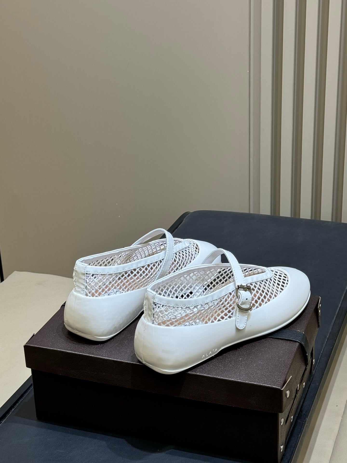 ALAIA 26S MARY JANE BALLET FLATS IN WHITE MESH AND GLOSSY CALFSKIN