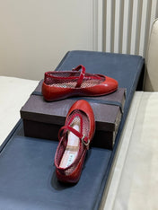 ALAIA 26S MARY JANE BALLET FLATS IN RED MESH AND GLOSSY CALFSKIN