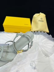 FENDI FFOLD MEDIUM-HEELED 55 MM SANDALS IN ASH GREY LAMBSKIN WITH GOLD HARDWARE