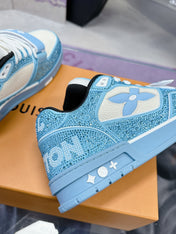 LV 26S TRAINER SNEAKERS IN SKY BLUE WHITE CALFSKIN WITH RHINESTONE