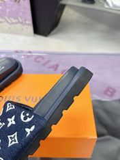 LV 26S POOL PILLOW SLIDES IN NAVY WHITE MONOGRAM DENIM AND CALFSKIN