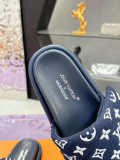 LV 26S POOL PILLOW SLIDES IN NAVY WHITE MONOGRAM DENIM AND CALFSKIN