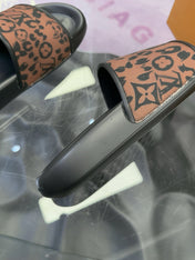 LV 26S SLIDE SANDALS IN BLACK BROWN CALFSKIN AND CANVAS