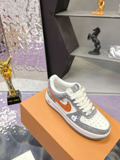 LV 26S DUNK LOW SNEAKERS IN WHITE GREY ORANGE MONOGRAM SWOOSH CALFSKIN