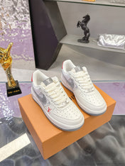 LV 26S DUNK LOW SNEAKERS IN WHITE GREY MONOGRAM SWOOSH CALFSKIN