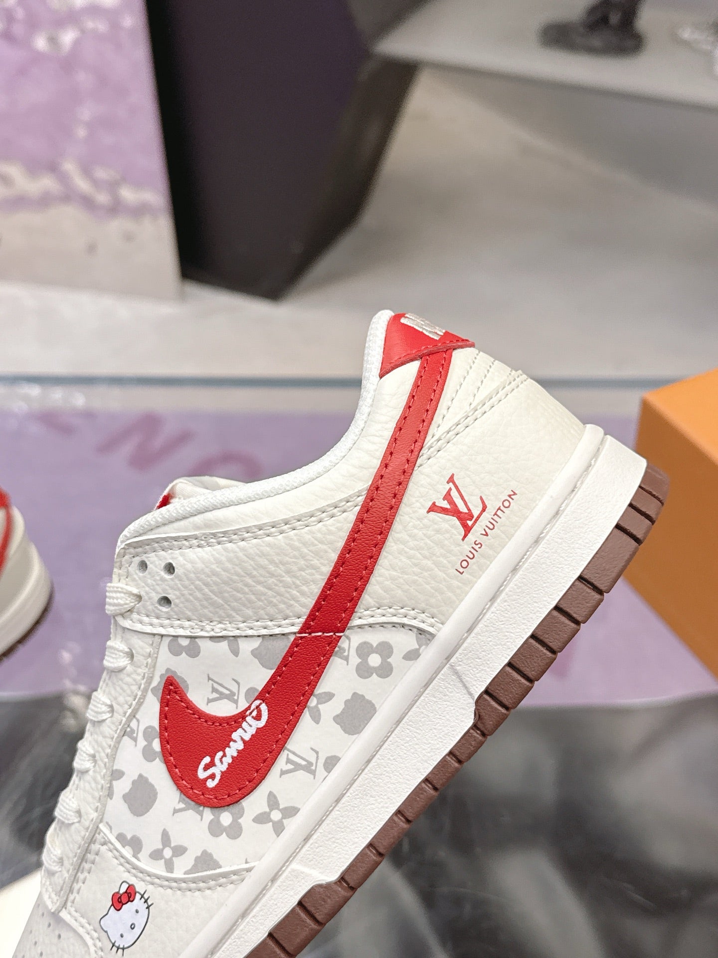 LV 26S DUNK LOW SNEAKERS IN WHITE RED HELLO KITTY MONOGRAM CALFSKIN