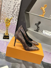 LV 26S POINTED TOE PUMPS 85MM IN DARK BROWN MONOGRAM CALFSKIN