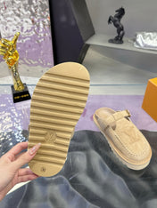 LV 26S MULE SLIDES IN BEIGE SUEDE BUCKLE STRAP