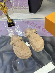 LV 26S MULE SLIDES IN BEIGE SUEDE BUCKLE STRAP