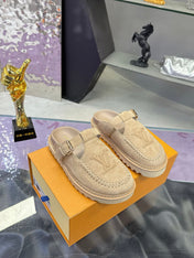 LV 26S MULE SLIDES IN BEIGE SUEDE BUCKLE STRAP