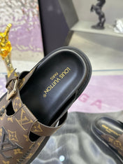 LV 26S MULE SLIDES IN DARK BROWN MONOGRAM CALFSKIN BUCKLE STRAP