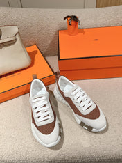 MAINLAND SNEAKER IN PALE GRAY SUEDE AND CARAMEL BROWN BREATHABLE MESH FABRIC