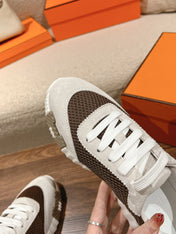 MAINLAND SNEAKER IN PALE GRAY SUEDE AND MOCHA BROWN BREATHABLE MESH FABRIC
