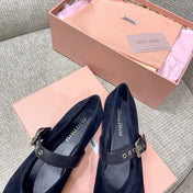 MIUMIU 26S MARY JANE FLATS IN BLACK SUEDE WITH BLACK BUCKLE STRAP