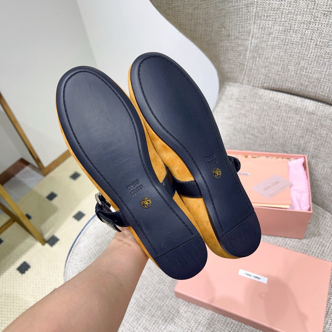 MIUMIU 26S MARY JANE FLATS IN GOLD BROWN SUEDE WITH BLACK BUCKLE STRAP