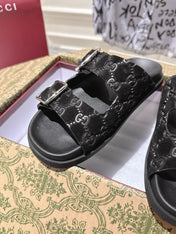 SANDALS IN BLACK SUEDE EMBOSSED LOGO SILVER HARDWARE