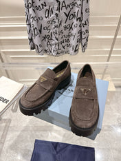 PRADA 26S PLATFORM LOAFERS 45MM IN DARK BROWN SUEDE