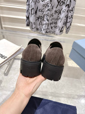 PRADA 26S PLATFORM LOAFERS 45MM IN DARK BROWN SUEDE
