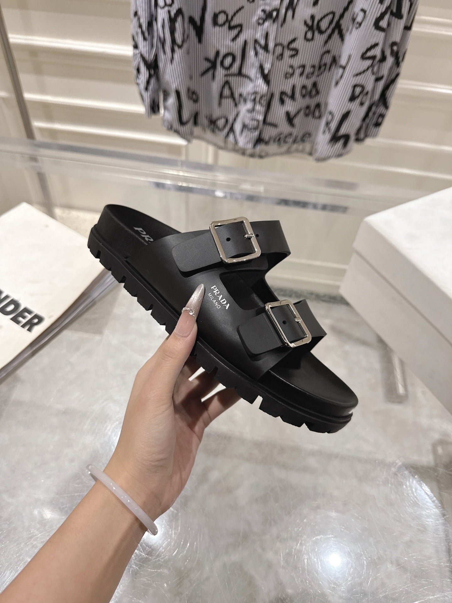 PRADA 26S SLIDES SANDALS IN BLACK CALFSKIN SILVER HARDWARE