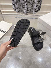 PRADA 26S SLIDES SANDALS IN BLACK CALFSKIN SILVER HARDWARE