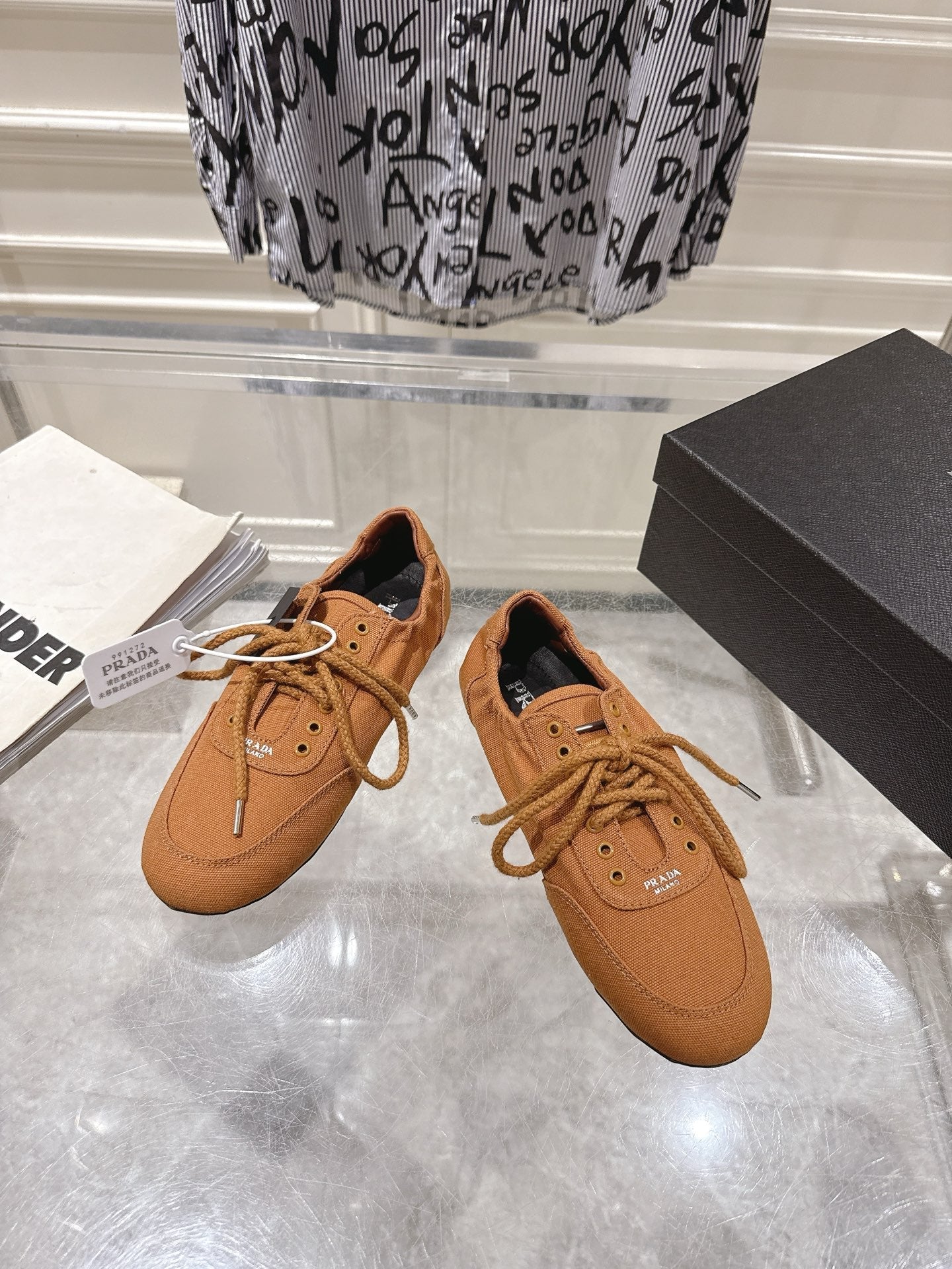 PRADA 26S COLLAPSE SNEAKERS IN CARAMEL BROWN CANVAS