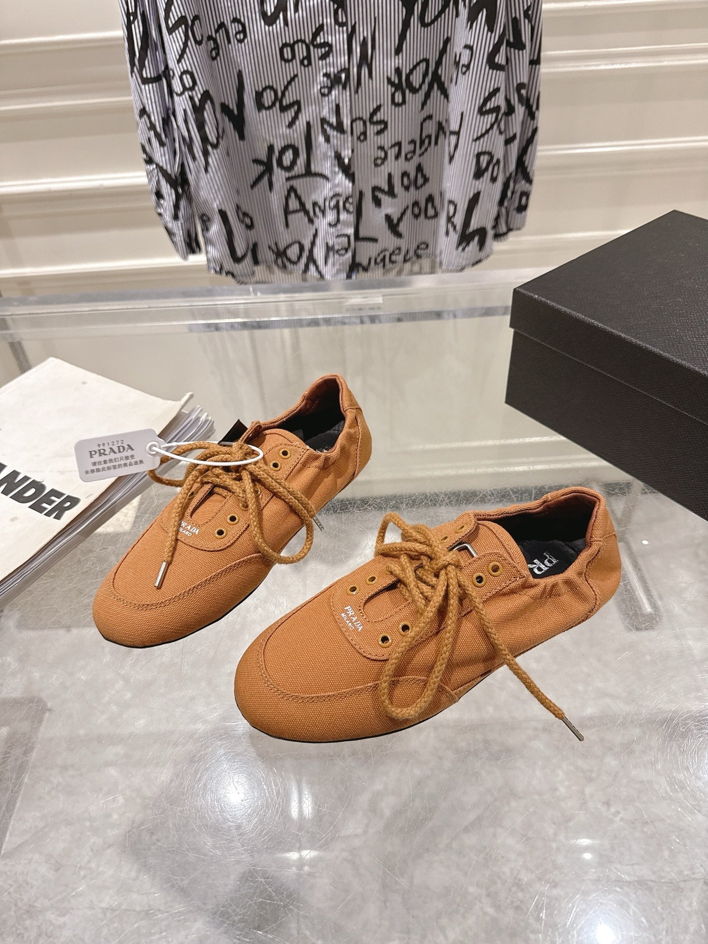 PRADA 26S COLLAPSE SNEAKERS IN CARAMEL BROWN CANVAS