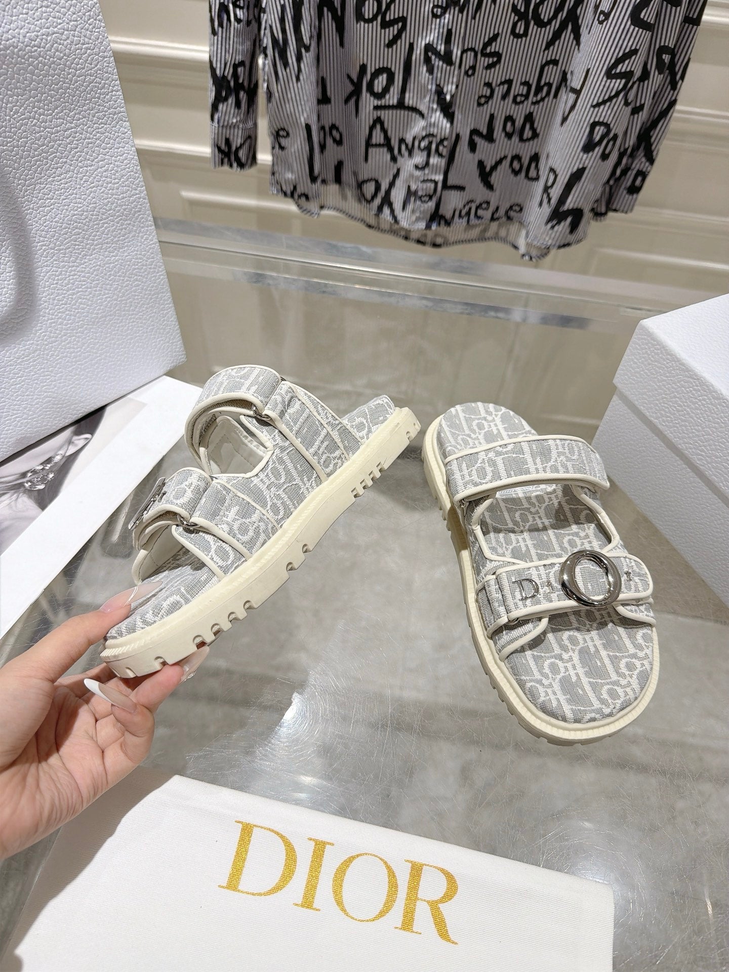 DIOR 26S SANDALS IN LIGHT GREY MIX WHITE OBLIQUE CANVAS