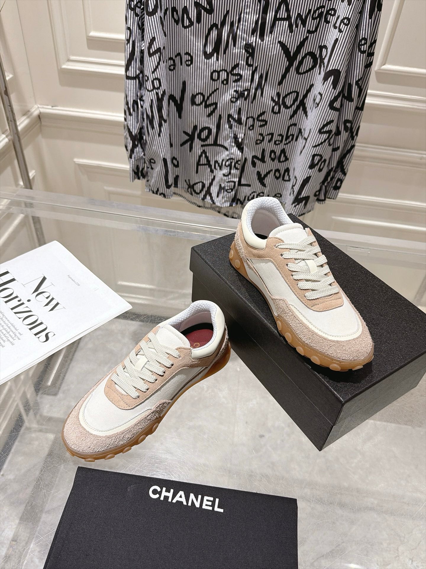CHANEL 26S LACE UP SNEAKERS IN BEIGE SUEDE  AND WHITE FABRIC ROUND TOE