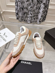 CHANEL 26S LACE UP SNEAKERS IN BEIGE SUEDE  AND WHITE FABRIC ROUND TOE