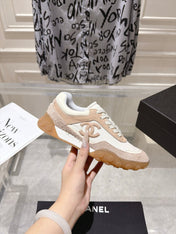 CHANEL 26S LACE UP SNEAKERS IN BEIGE SUEDE  AND WHITE FABRIC ROUND TOE