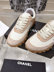CHANEL 26S LACE UP SNEAKERS IN BEIGE SUEDE  AND WHITE FABRIC ROUND TOE