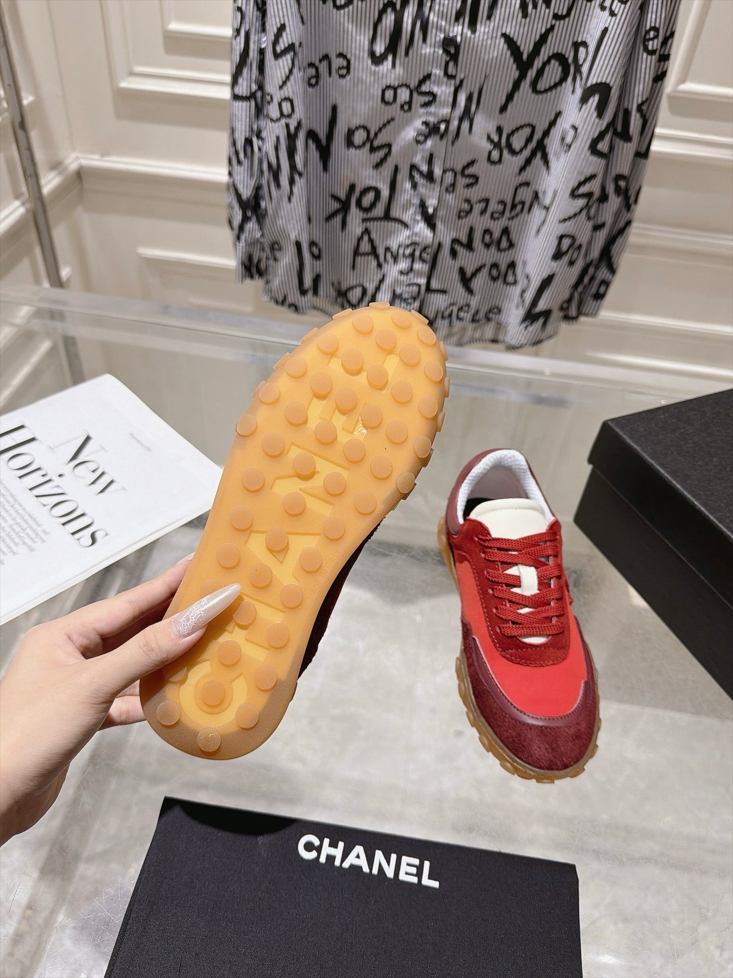 CHANEL 26S LACE UP SNEAKERS IN RED SUEDE ROUND TOE