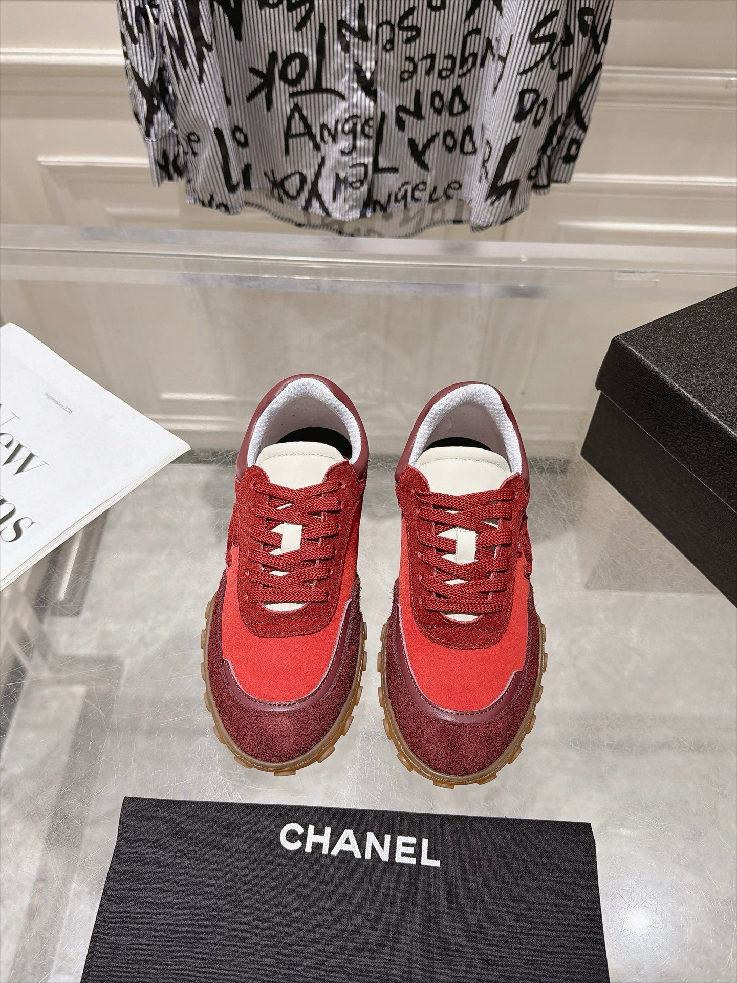 CHANEL 26S LACE UP SNEAKERS IN RED SUEDE ROUND TOE