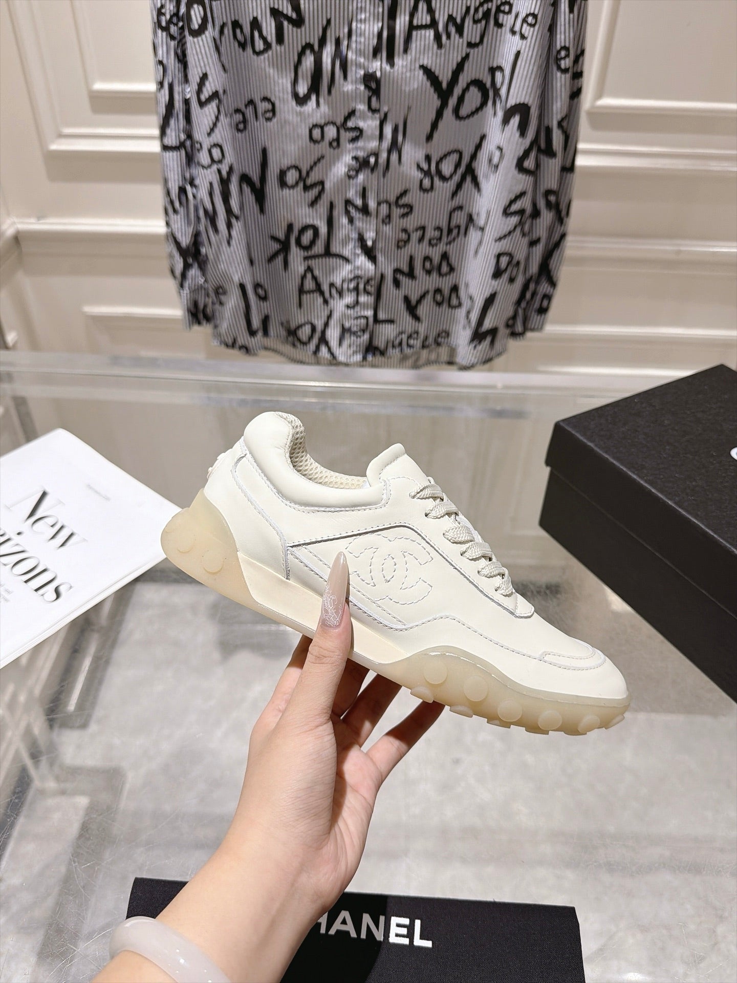 CHANEL 26S LACE UP SNEAKERS IN WHITE CALFSKIN ROUND TOE
