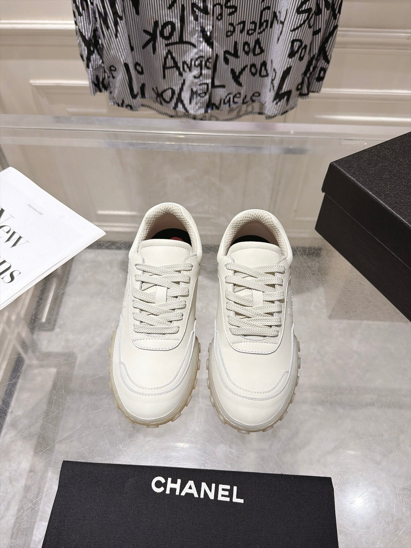 CHANEL 26S LACE UP SNEAKERS IN WHITE CALFSKIN ROUND TOE