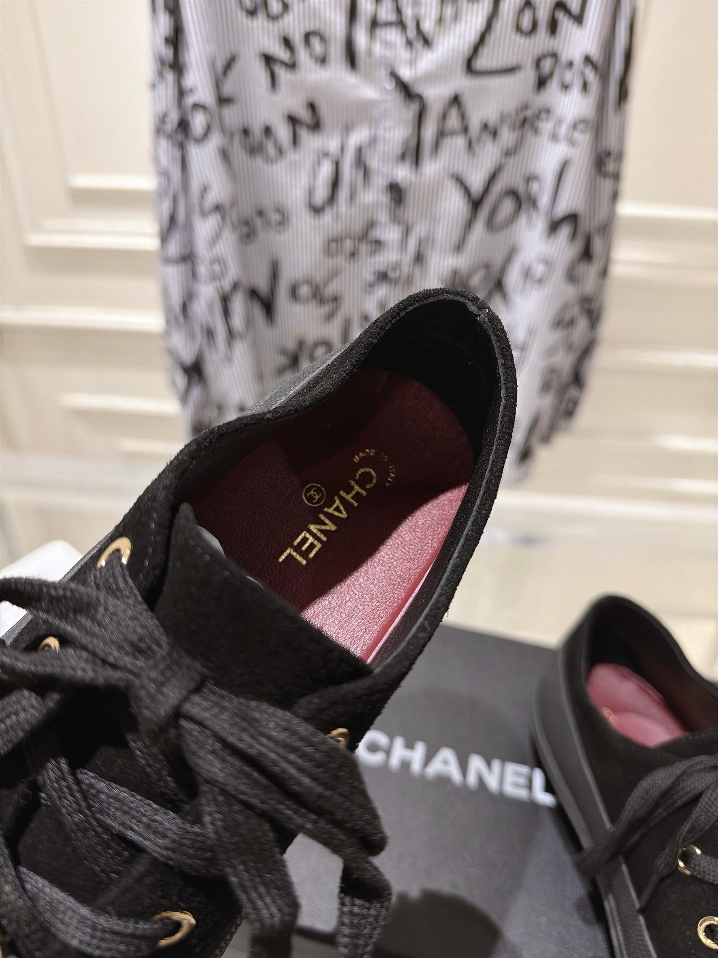 CHANEL 26S LACE UP SNEAKERS IN BLACK SUEDE ROUND TOE