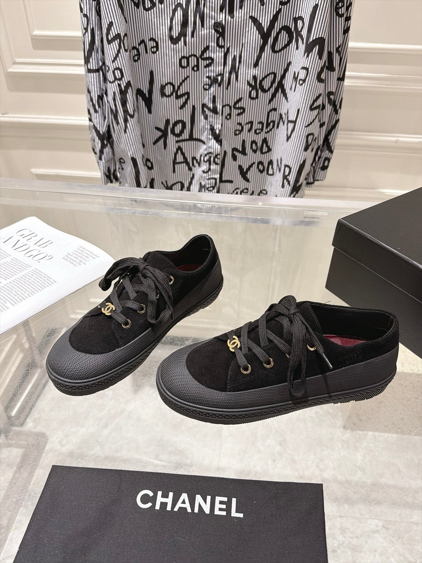 CHANEL 26S LACE UP SNEAKERS IN BLACK SUEDE ROUND TOE