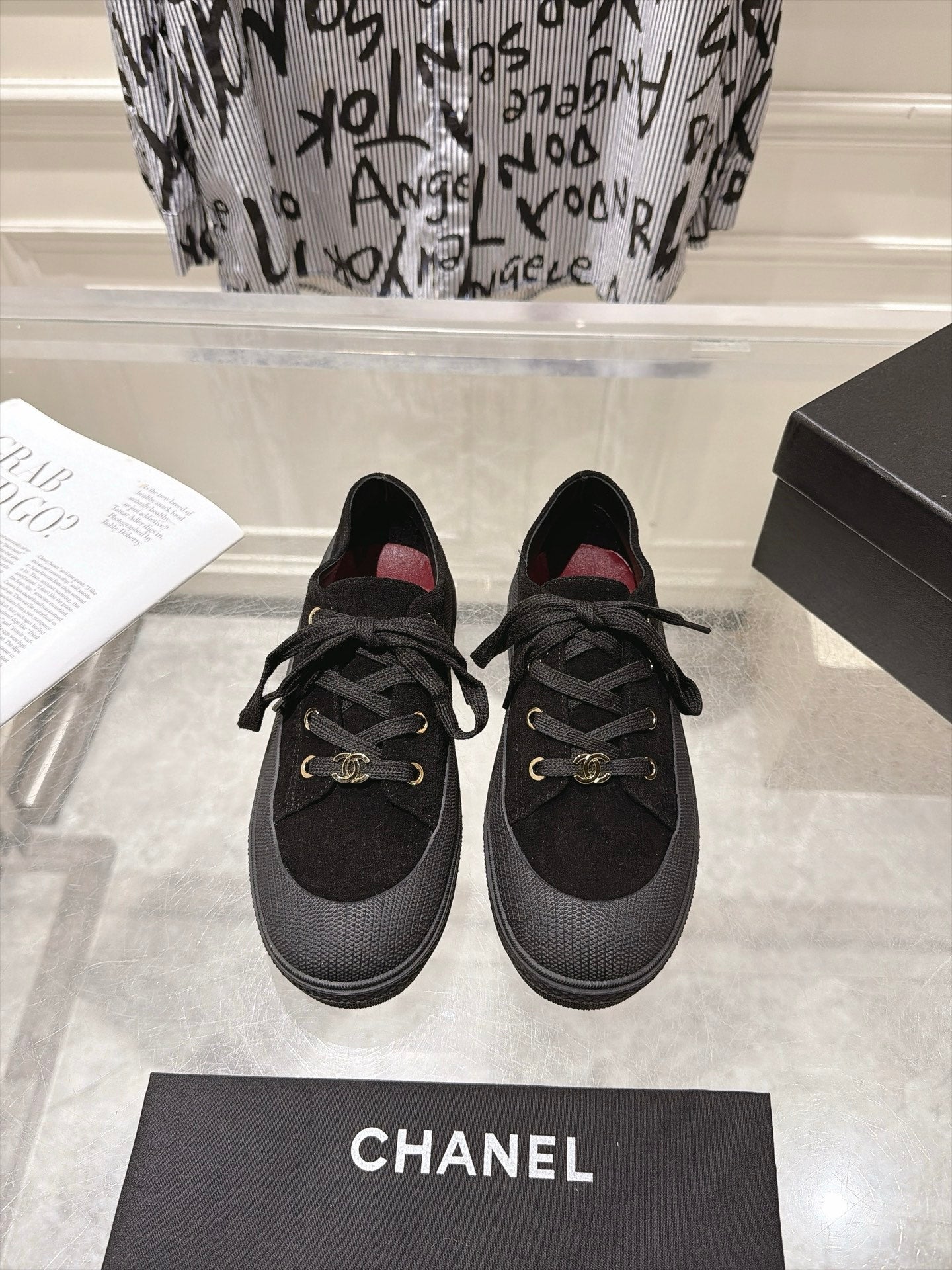 CHANEL 26S LACE UP SNEAKERS IN BLACK SUEDE ROUND TOE