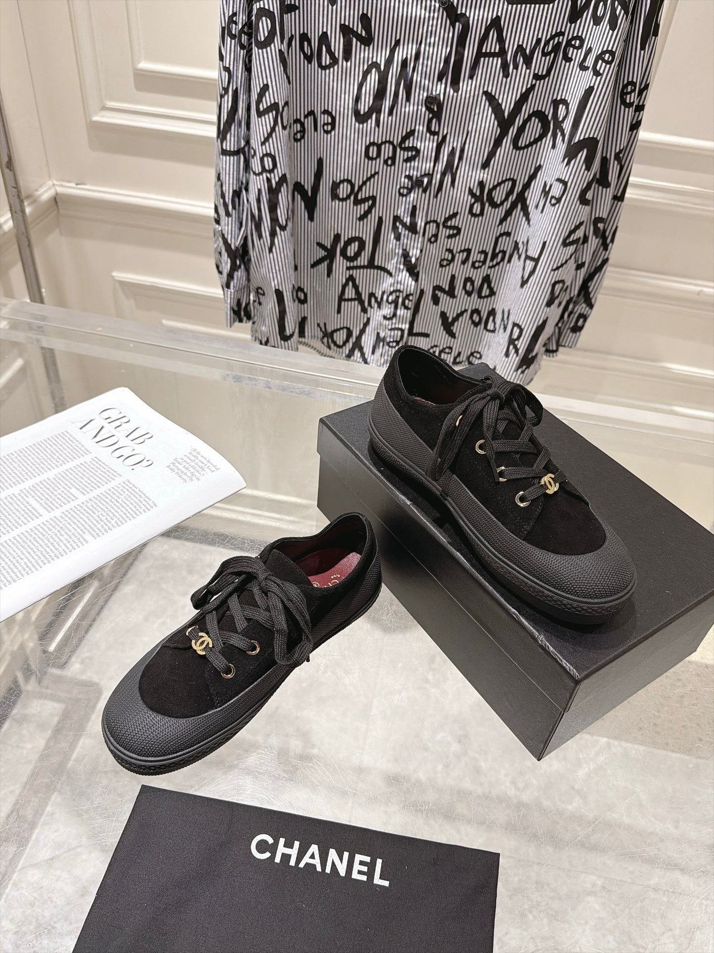 CHANEL 26S LACE UP SNEAKERS IN BLACK SUEDE ROUND TOE