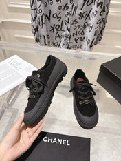 CHANEL 26S LACE UP SNEAKERS IN BLACK SUEDE ROUND TOE