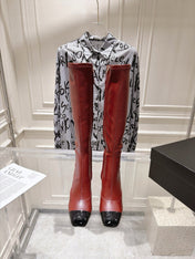 CHANEL 26S HIGH HEEL KNEE HIGH BOOTS 80 MM IN BURGUNDY CALFSKIN AND BLACK PATENT LEATHER