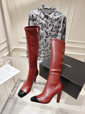CHANEL 26S HIGH HEEL KNEE HIGH BOOTS 80 MM IN BURGUNDY CALFSKIN AND BLACK PATENT LEATHER